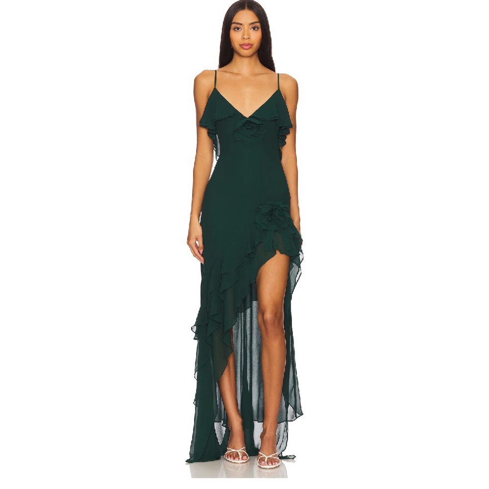 Lovers + Friends Dark Green Ruffled High-Low Maxi Dress